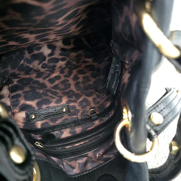 b. makowsky Women's  Black Leather Handbag with Gold Accents - Picture 3 of 13